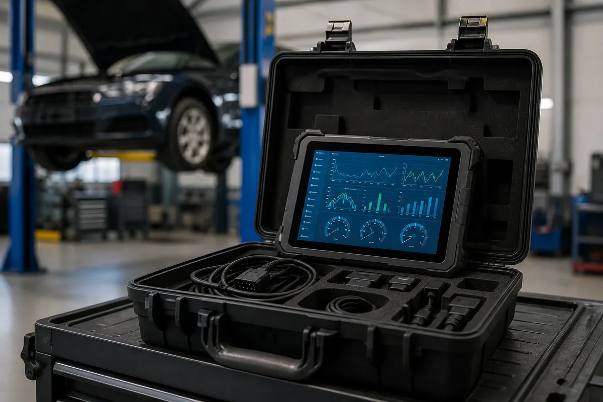 Valise de diagnostic multimarque posée sur une aile protégée dans un atelier