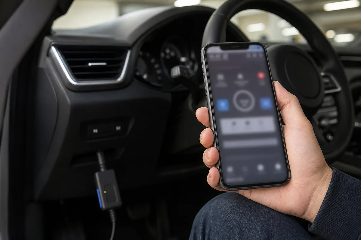 Automobiliste consultant une application de diagnostic sur son téléphone, véhicule à l&rsquo;arrêt