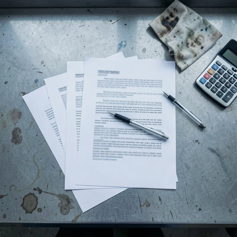 Procès-verbaux de contrôle technique étalés sur un plan de travail d&rsquo;atelier