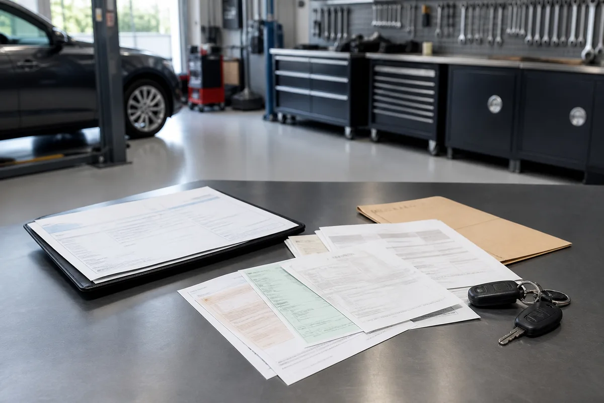 Documents administratifs d&rsquo;un véhicule d&rsquo;occasion posés sur une table
