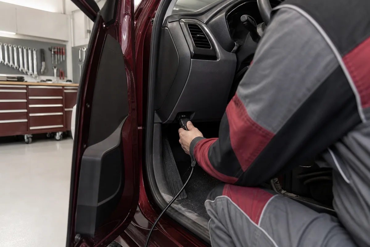 Technicien branchant une valise de diagnostic sur la prise OBD d&rsquo;une voiture