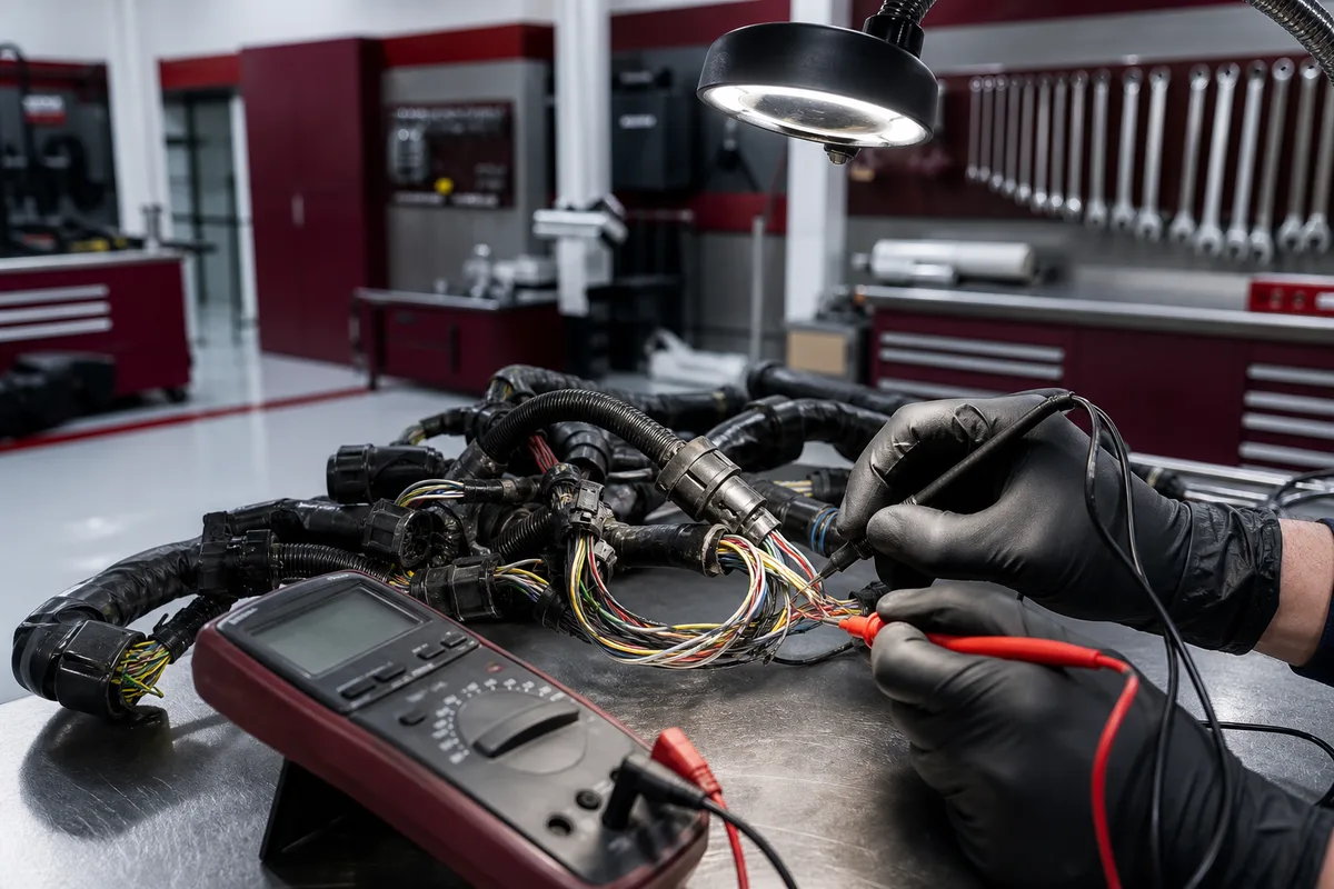 Faisceau électrique automobile inspecté sous lampe avec un multimètre