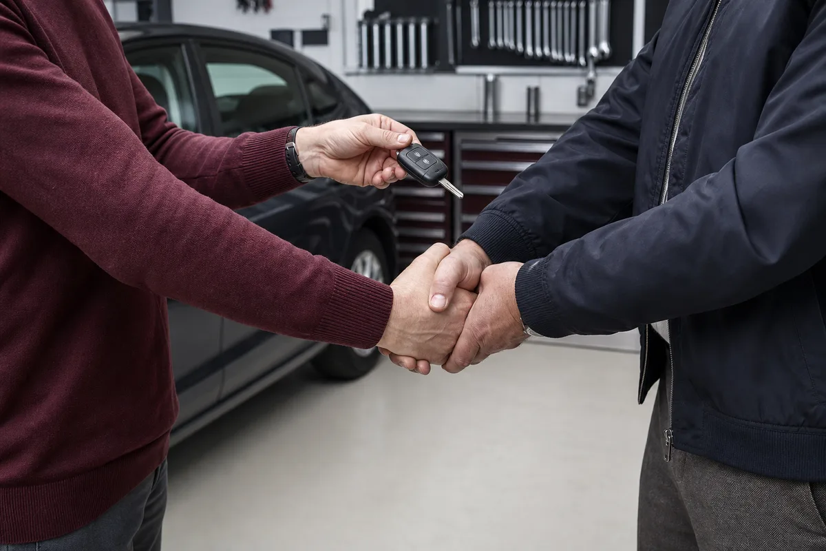 Poignée de main et remise de clés lors d&rsquo;une vente de véhicule