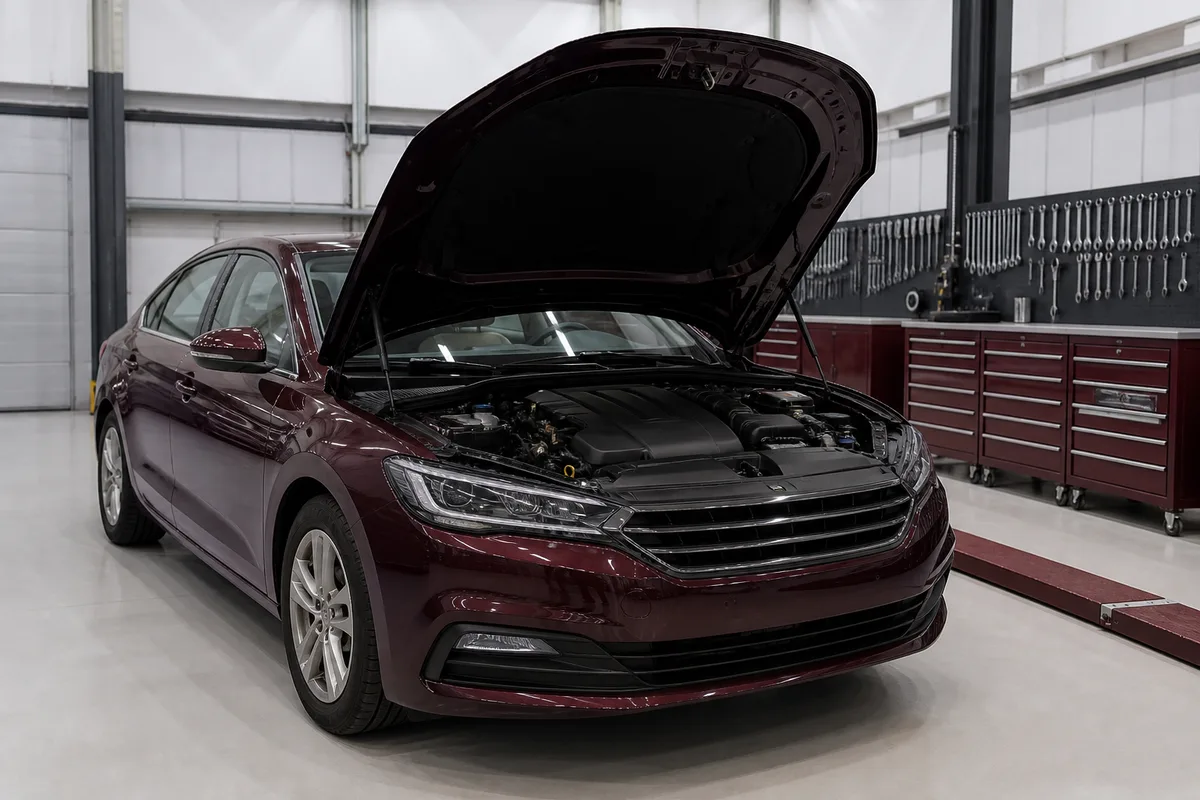 Voiture en atelier, capot ouvert, avant une mesure comparative