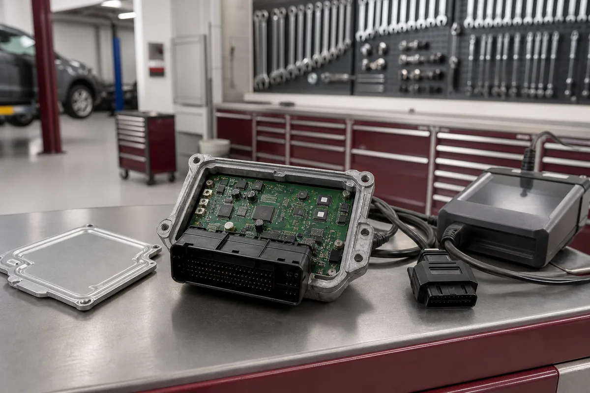 Calculateur moteur ouvert avec son connecteur et un outil de programmation