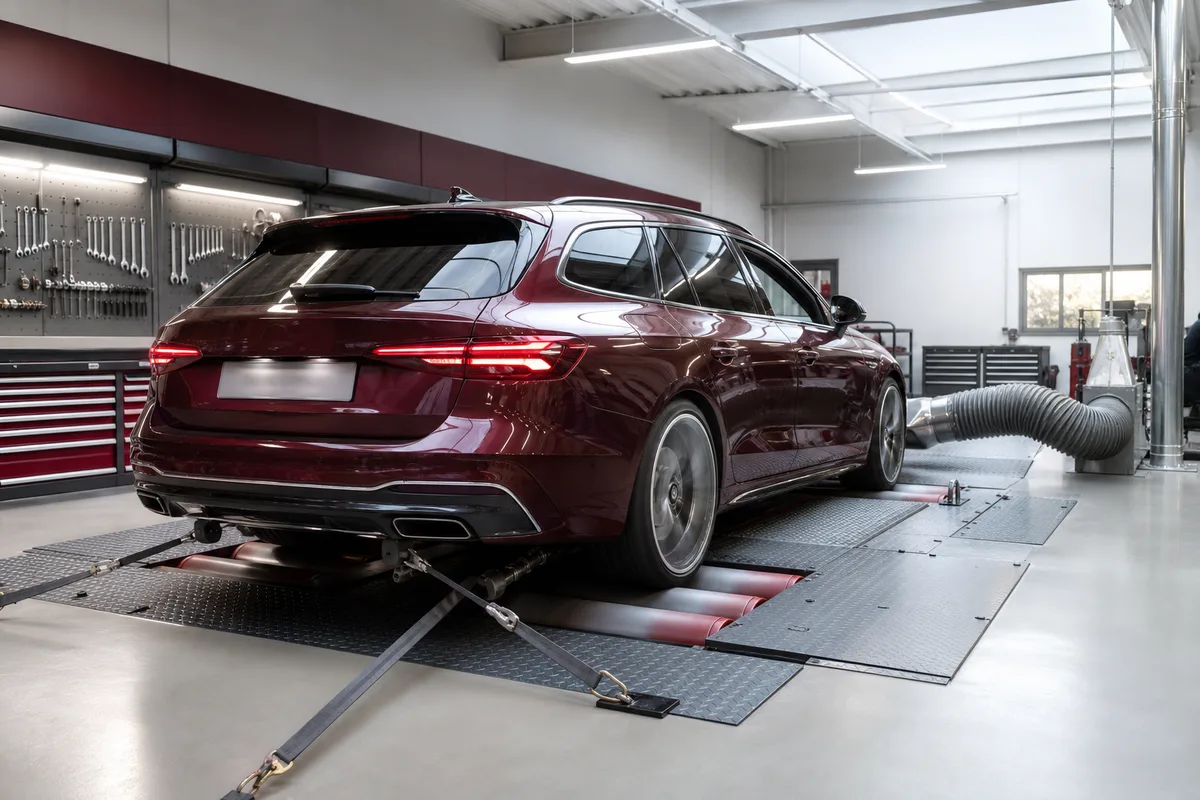 Voiture sur un banc de puissance à rouleaux pendant une mesure